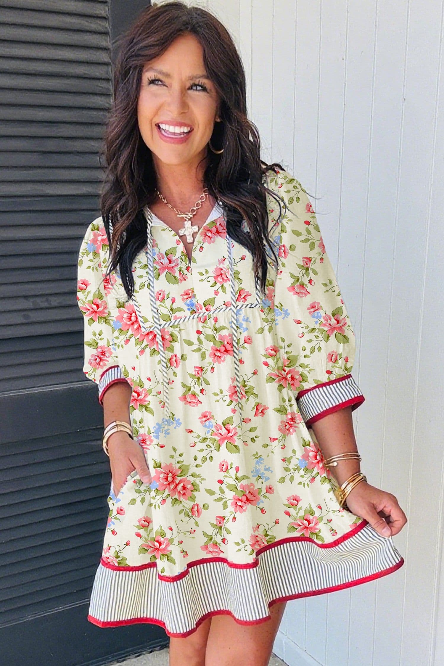 image-Apricot Striped Edge 3/4 Puff Sleeve Floral Dress
