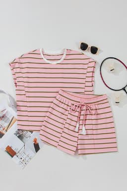 image-Pink Stripe Wide Short Sleeve Tee and Short Set
