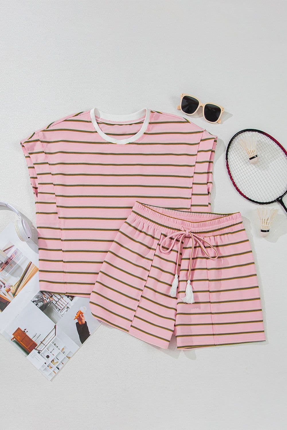 image-Pink Stripe Wide Short Sleeve Tee and Short Set