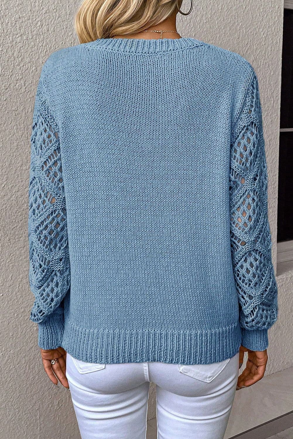 image-Jet Stream V Neck Pointelle Knit Patchwork Sweater