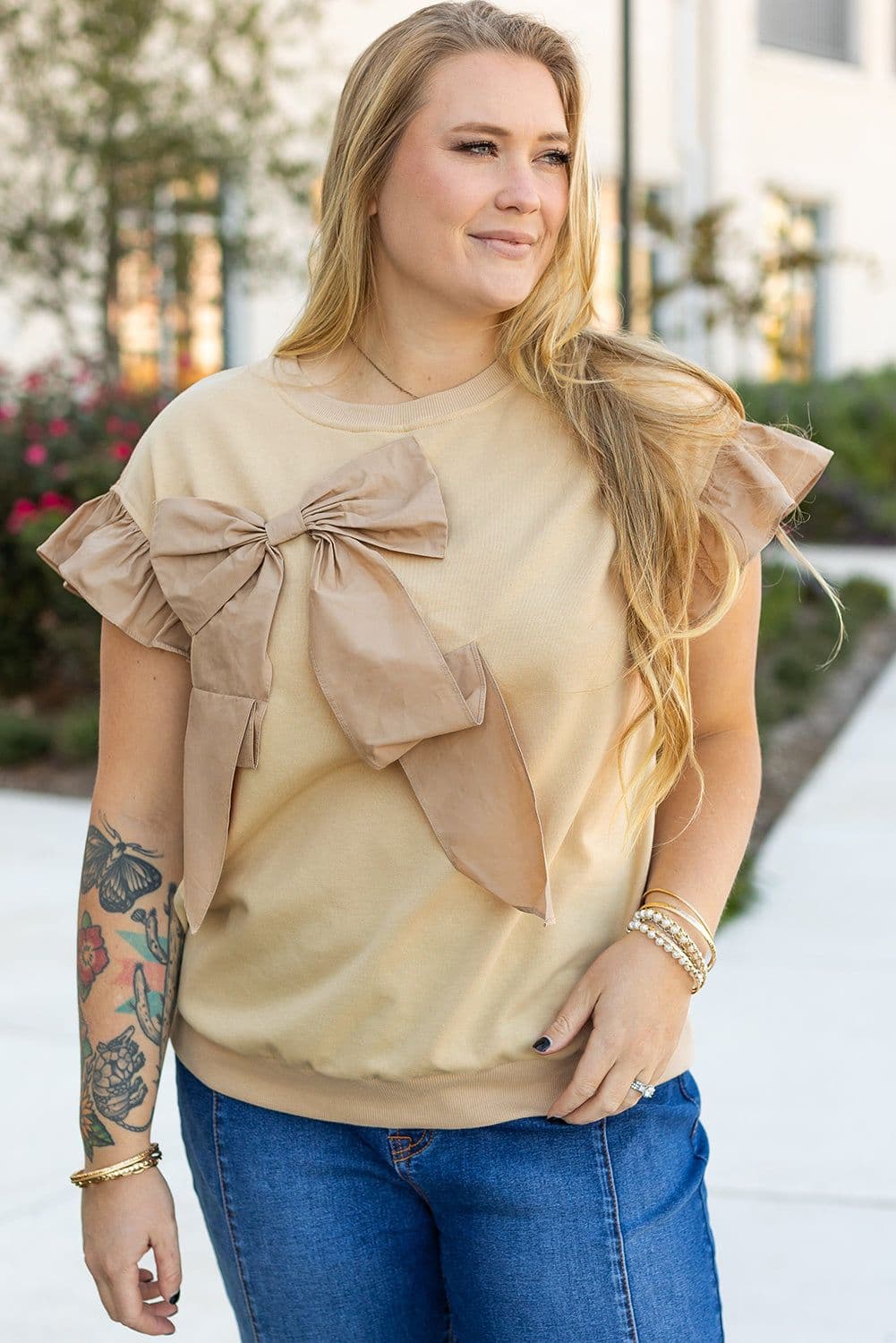 image-Plus Size Ruffled Bowknot Top - Short Sleeve - Plus Size
