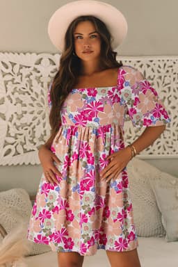 image-Pink Summer Floral Puff Sleeve Babydoll Dress