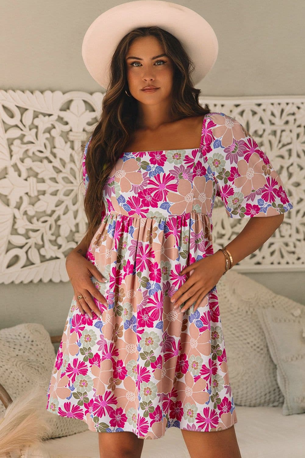 image-Pink Summer Floral Puff Sleeve Babydoll Dress