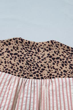 image-Pink Stripe Leopard Trim V Neck Button Down Shirt