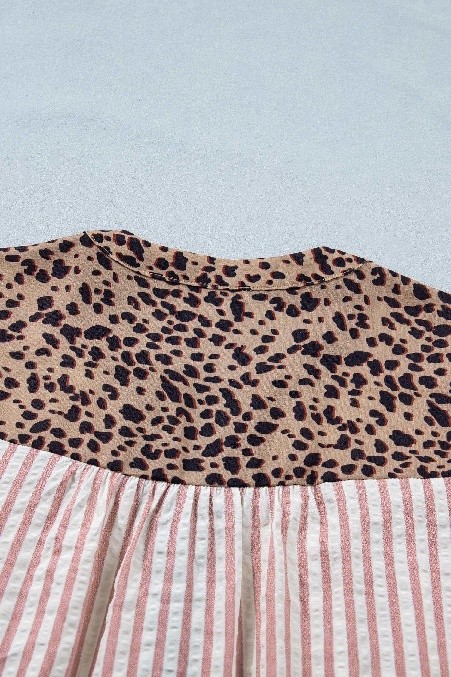 image-Pink Stripe Leopard Trim V Neck Button Down Shirt