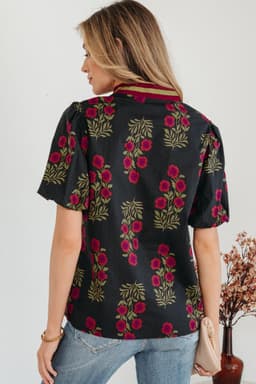 image-White Floral Blouse - Short Puff Sleeve Contrast