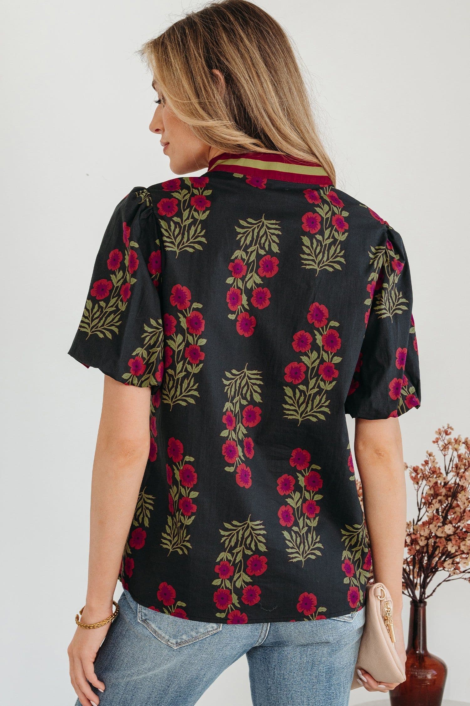 image-White Floral Blouse - Short Puff Sleeve Contrast