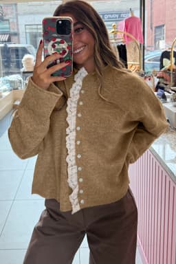 image-Simply Taupe Cardigan Sweater - Lace Trim Loose Fit