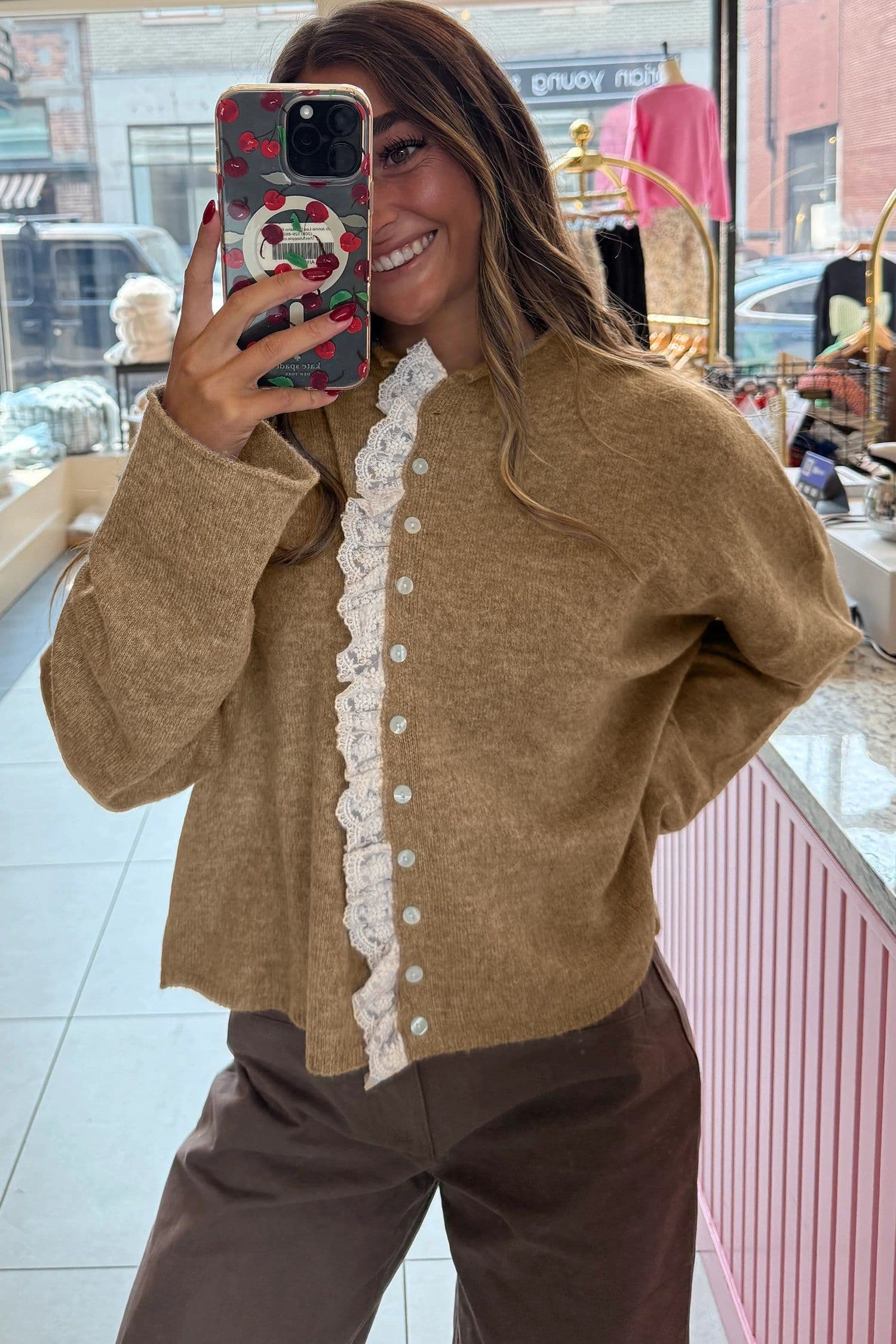 image-Simply Taupe Cardigan Sweater - Lace Trim Loose Fit
