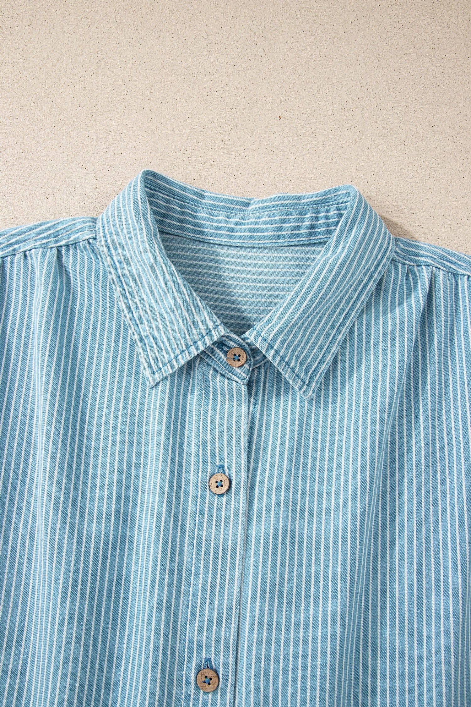 image-Sky Blue Stripe Short Sleeve Button Up Shirt
