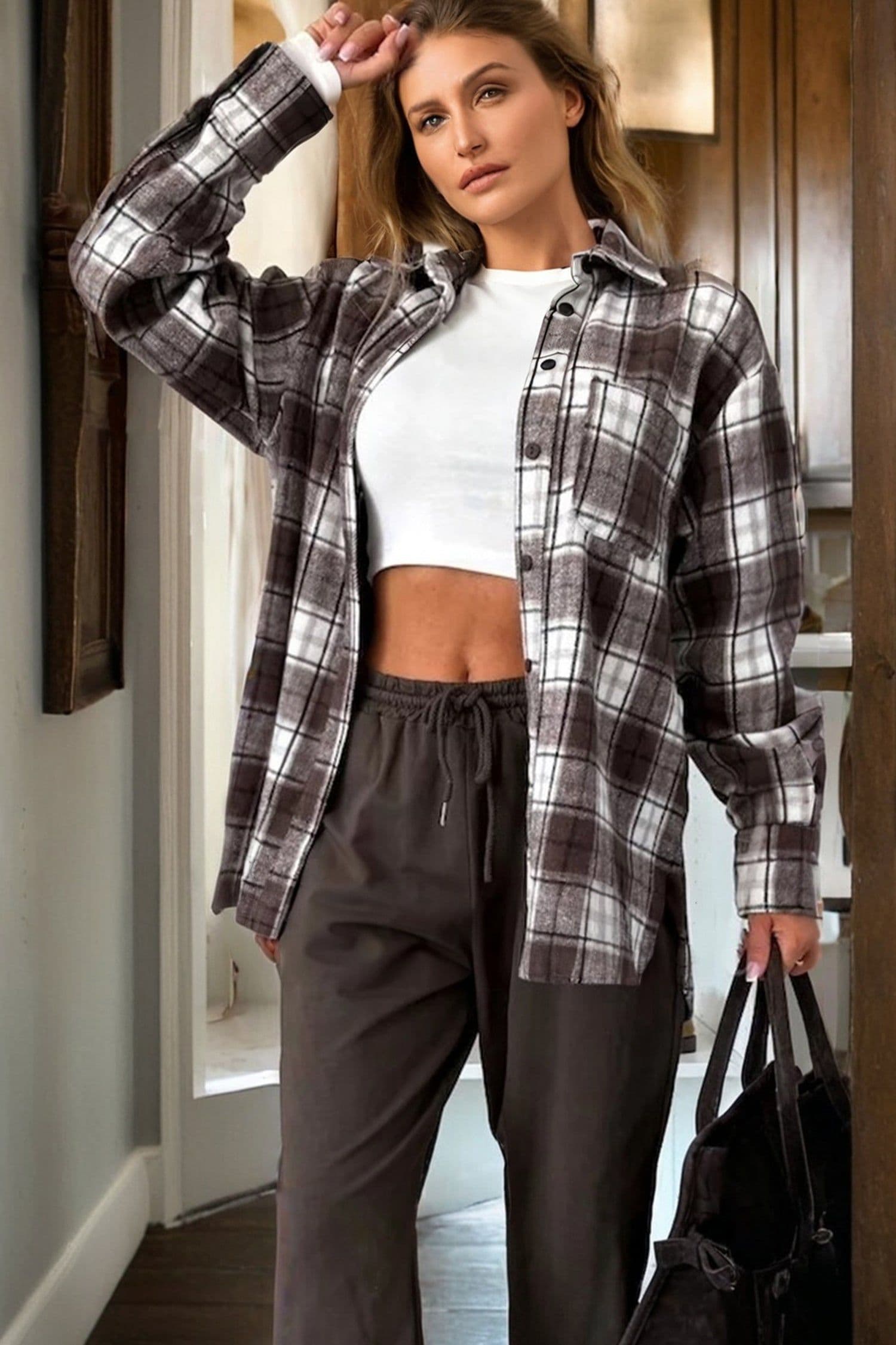 image-Dark Brown Flanel Plaid Single Chest Pocket Boyfriend Shacket