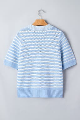 image-Sky Blue Stripe Knit V Neck Bow Sweater