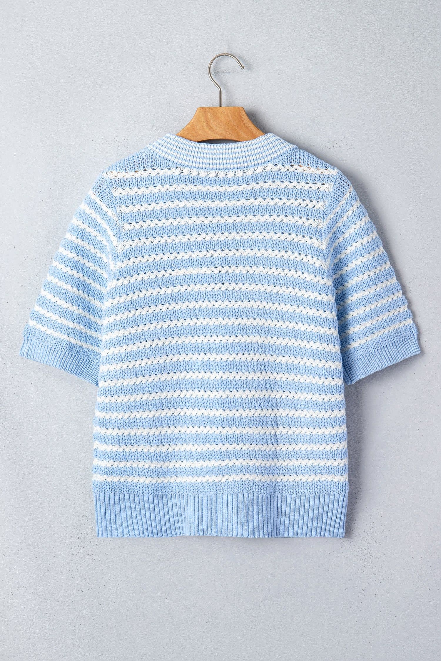 image-Sky Blue Stripe Knit V Neck Bow Sweater