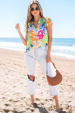 image-Leopard Flutter Sleeve V Neck Crinkled Blouse - Multicolour