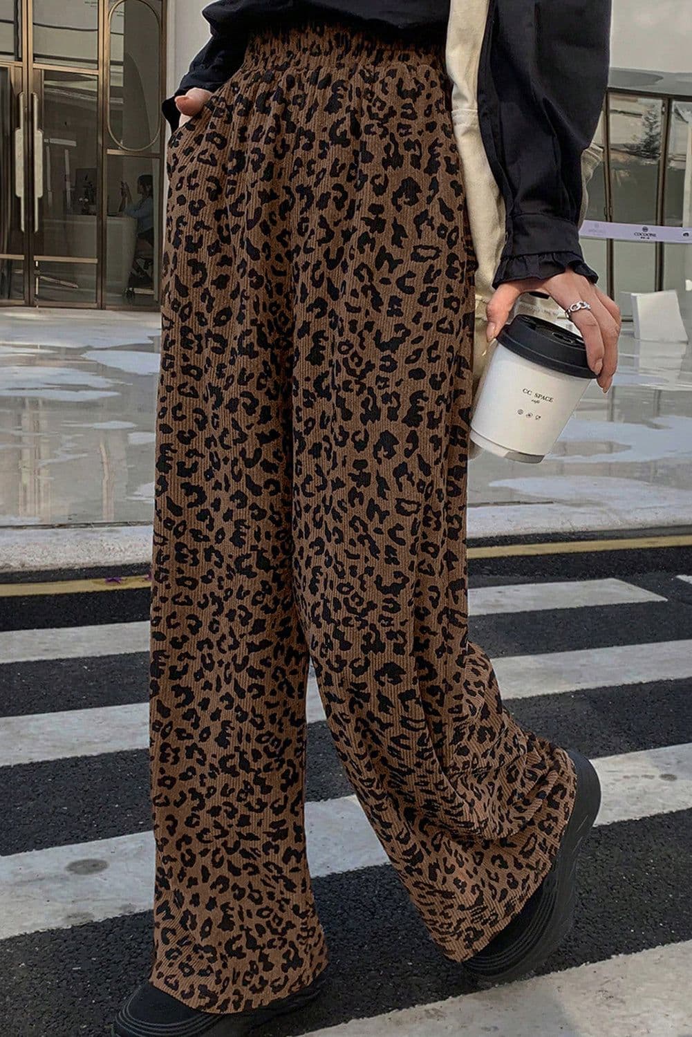 image-Dark Brown Leopard Corduroy Pants High Waist