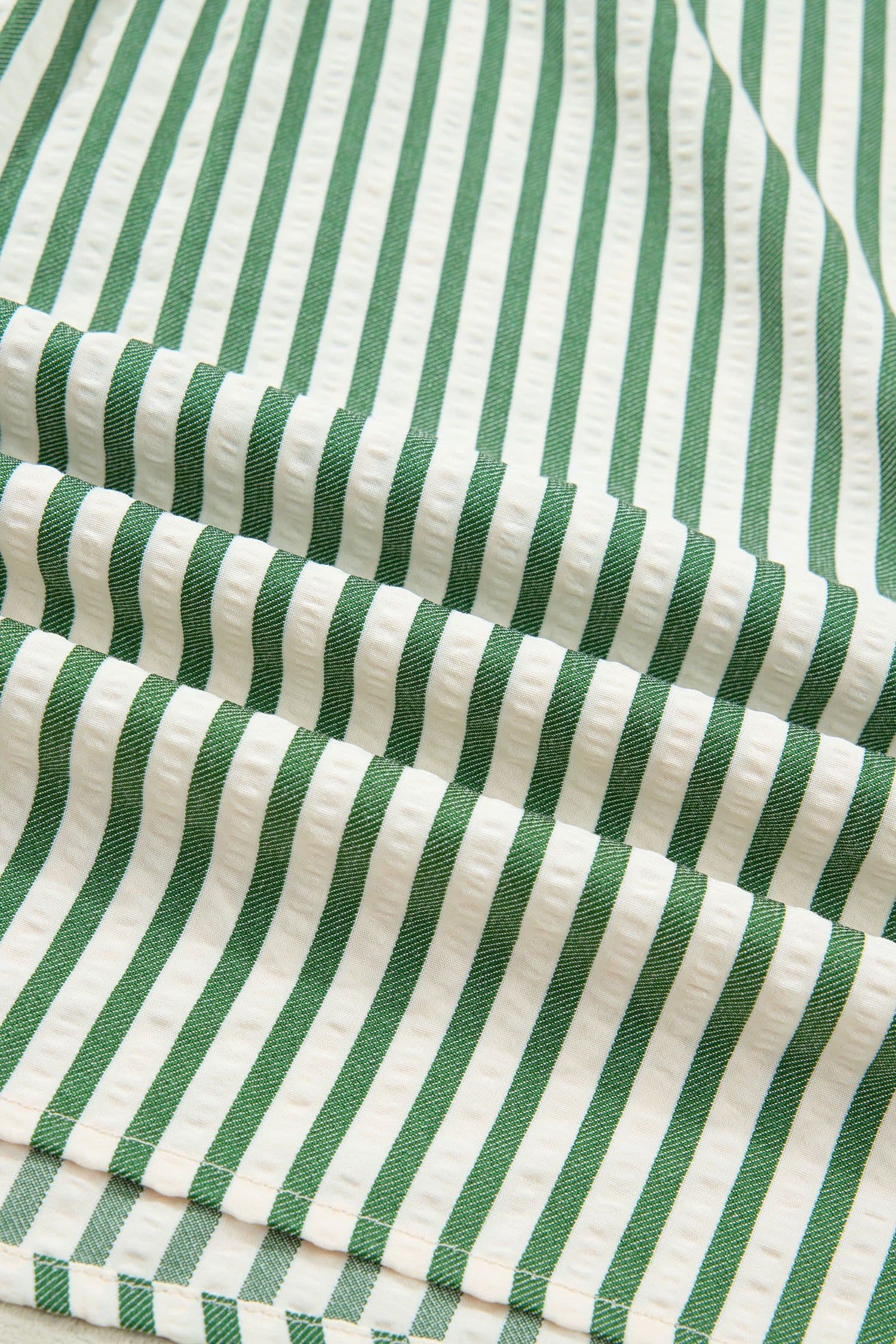 image-Green Stripe Collared Split Neck Bubble Sleeve Blouse