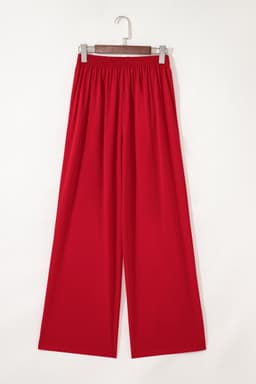 image-Fiery Red Pleated Detail Pull On High Elastic Waist Loose Straight Pants