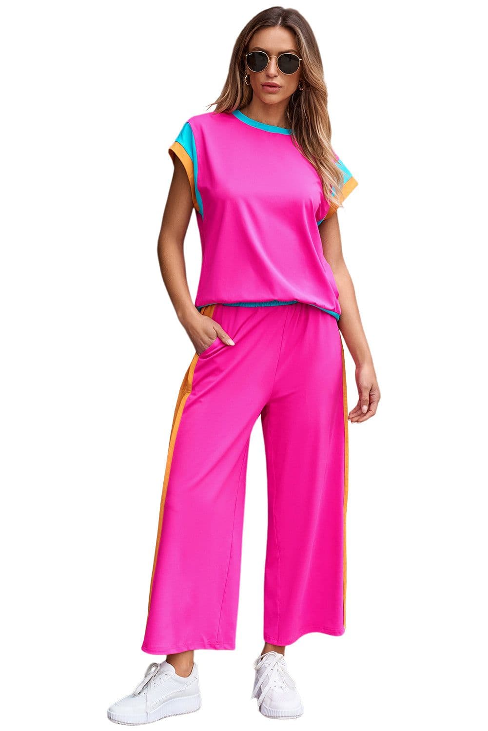 image-Strawberry Pink Color Block Two-Piece Set