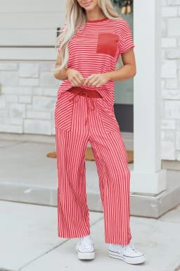 image-Khaki Stripe Crew Neck Tee Drawstring Waist Cropped Pants Set