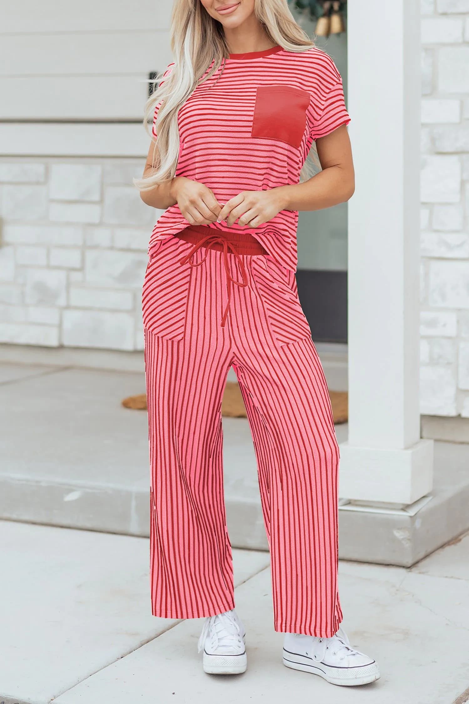 image-Khaki Stripe Crew Neck Tee Drawstring Waist Cropped Pants Set