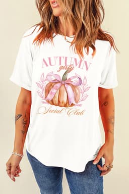 image-Women's Thanksgiving T-Shirt - White Pumpkin Bowknot Graphic