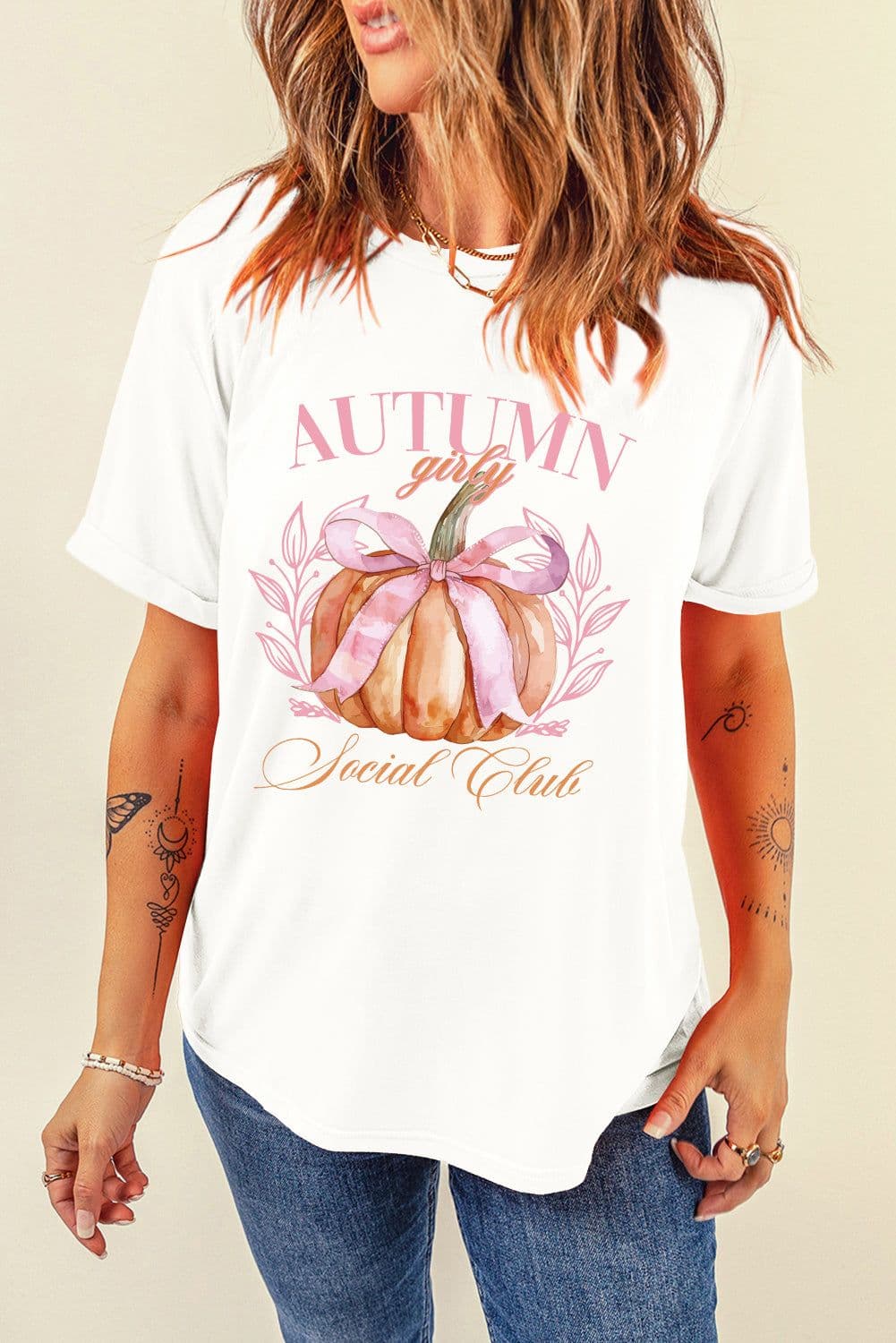 image-Women's Thanksgiving T-Shirt - White Pumpkin Bowknot Graphic
