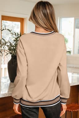 image-Gray Varsity Contrast Striped Trim V Neck Sweatshirt