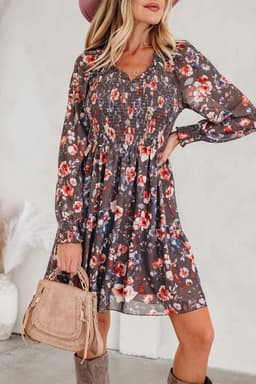 image-Brown Floral Mesh Mini Dress - Smocked Bodice Long Sleeve