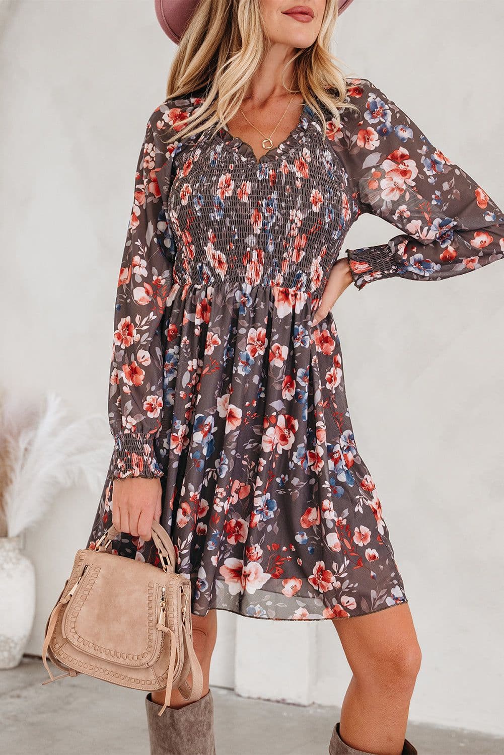 image-Brown Floral Mesh Mini Dress - Smocked Bodice Long Sleeve