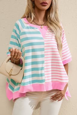 image-Pink Stripe Contrast Patchwork Oversized T-Shirt
