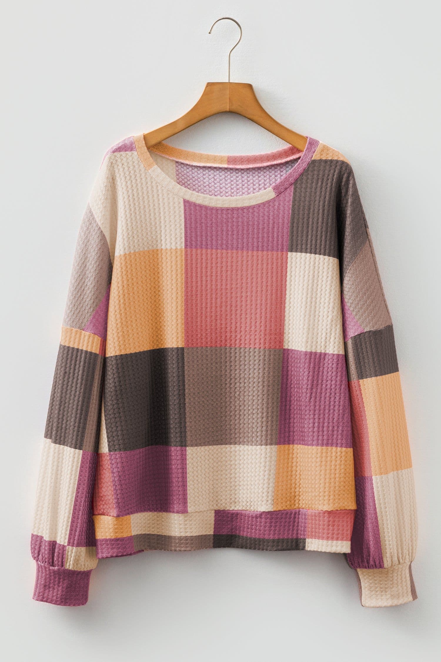 image-Rose Red Checkered Print Textured Knit Long Sleeve Loose Top