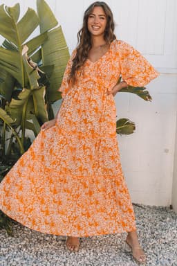 image-Orange Floral Smocked V Neck Maxi Dress Wide Sleeve