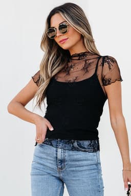 image-Black Floral Sheer Mesh Short Sleeve Blouse - Elegant Lightweight Design