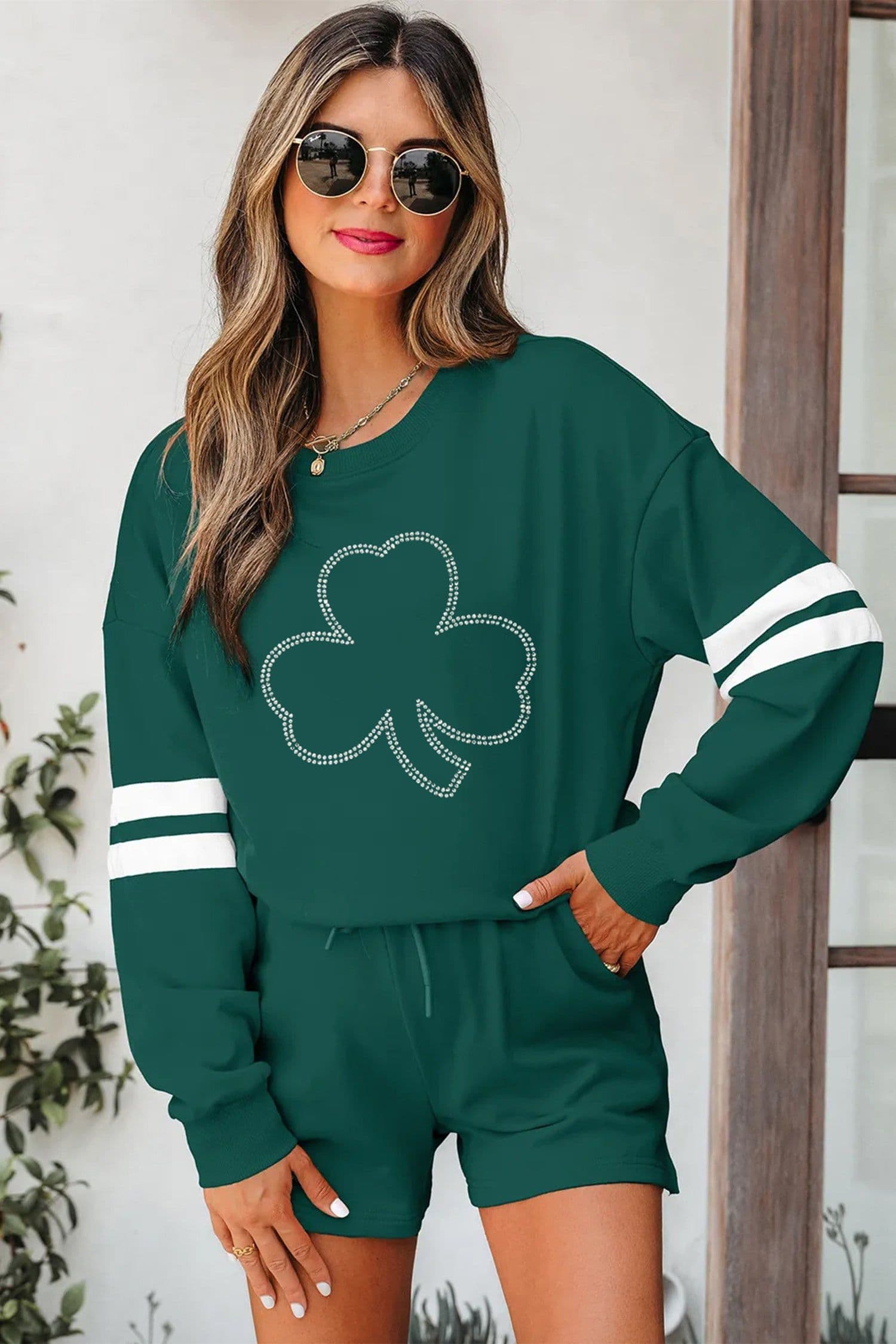 image-Evergreen Rhinestone Clover Varsity Pullover Drawstring Shorts 2pcs Set