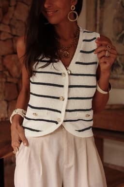 image-Black Stripe Buttoned V Neck Slim Fit Sweater Vest