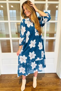 image-Blue Floral Print Shirt Collar V Neck 3/4 Sleeve Shift Midi Dress