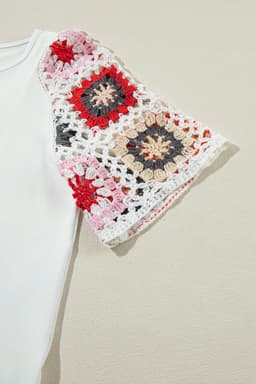 image-White Floral Crochet Top - Short Sleeve, Chic Round Neck, Relaxed Fit
