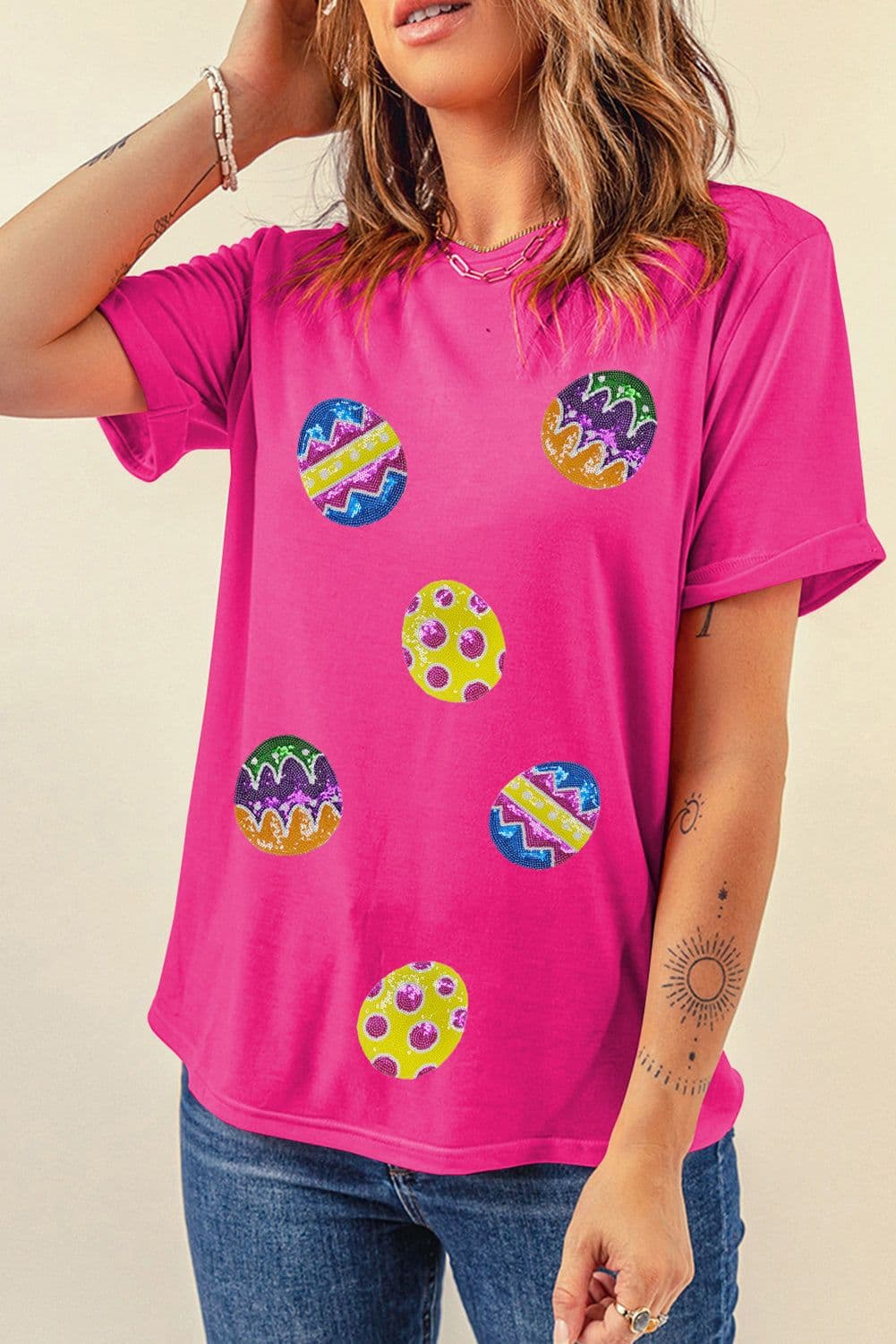 image-Rose Red Easter Egg Patched Crew Neck Graphic Tee