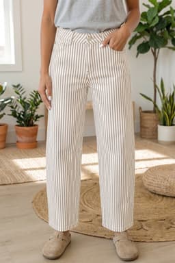 image-Khaki Stripe Casual Barrel Jeans - Striped Denim Pants