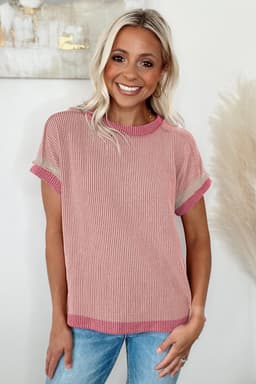 image-Bright Pink Textured T Shirt - Contrast Trim
