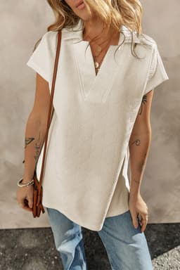 image-White Textured V Neck Collared Short Sleeve Top