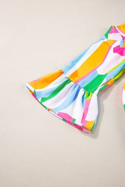 image-Green Abstract Print Ruffled Sleeve V Neck Dress