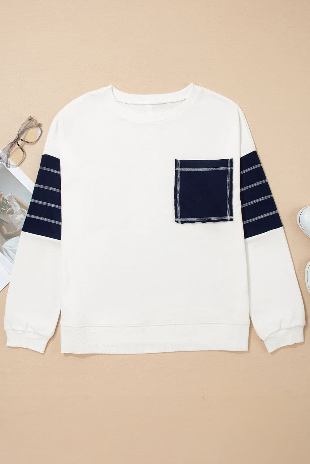 image-White Exposed Seam Detail Color Block Patch Pocket Drop Shoulder Sweatshirt