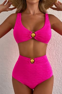 image-Rose Red Gold Shell Decor Wire-free Knotted 2pcs Bikini Swimsuit