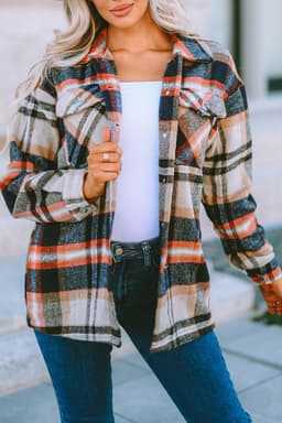 image-Khaki Geometric Plaid Print Pocketed Shacket