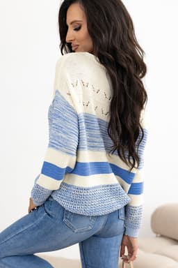 image-Light Blue Puff Sleeve Open Stitch Sweater - Fashionable Relaxed Fit