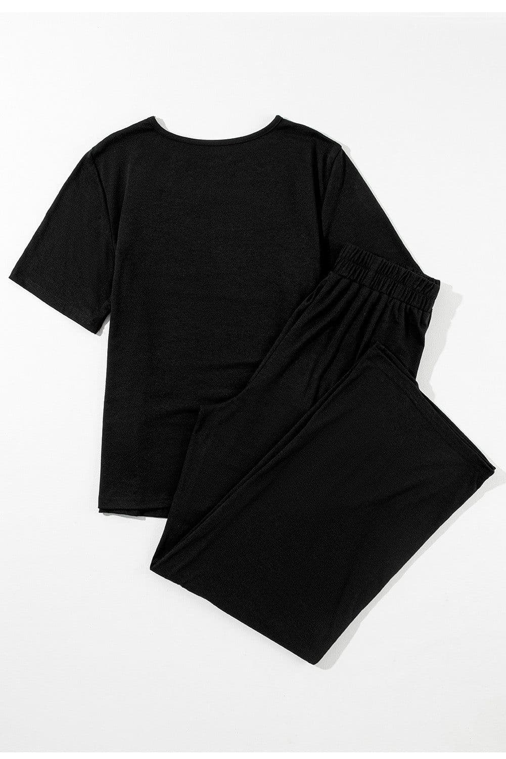 image-Solid Color T-Shirt & Wide Leg Pants Set - 2pcs - Comfortable Fabric