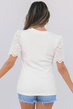 image-White Eyelet Pattern Short Sleeve Patchwork Ribbed Top