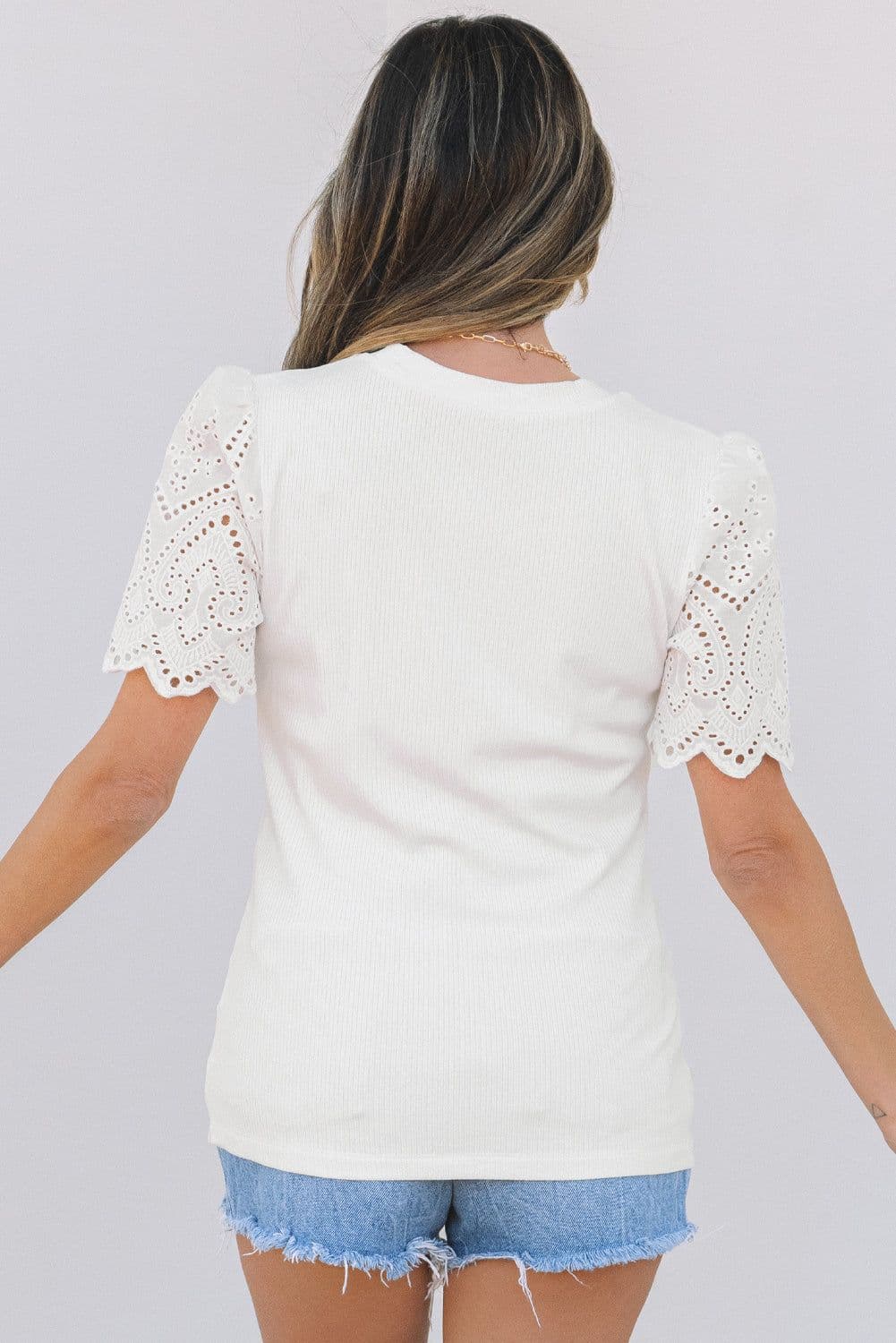 image-White Eyelet Pattern Short Sleeve Patchwork Ribbed Top