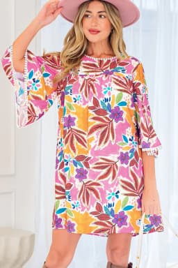 image-Pink Floral Lace Trim Bell Sleeve Tie Back Mini Dress